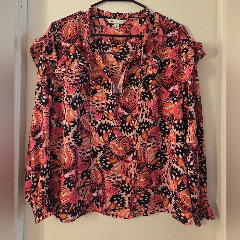 Counterparts Pink and Orange Butterfly Blouse Size SMALL